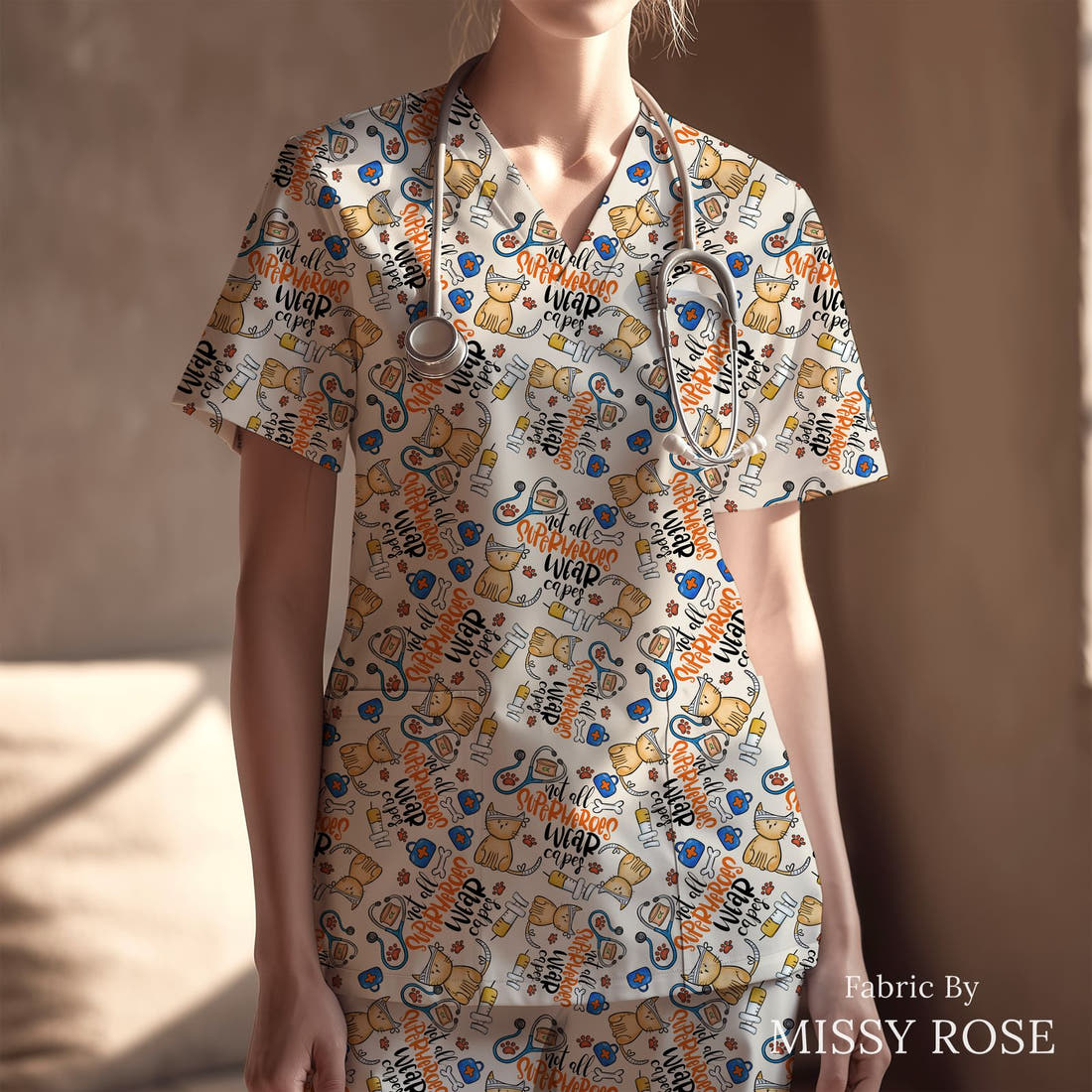 Design 867 Vet Fabric sewn into a scrubs top – see how the print looks made up | Fabric by Missy Rose