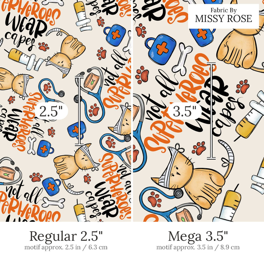 Design 867 Vet Fabric Regular 2.5 inch vs Mega 3.5 inch print scale side by side | Fabric by Missy Rose