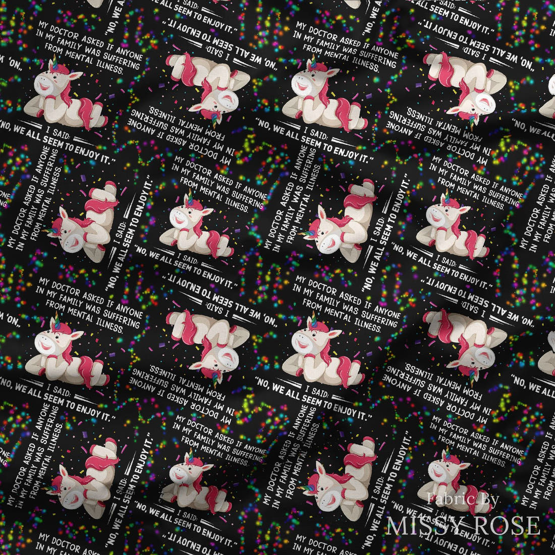 Design 868 Funny Unicorn Fabric draped fabric mockup – custom printed fabric by the metre | Fabric by Missy Rose