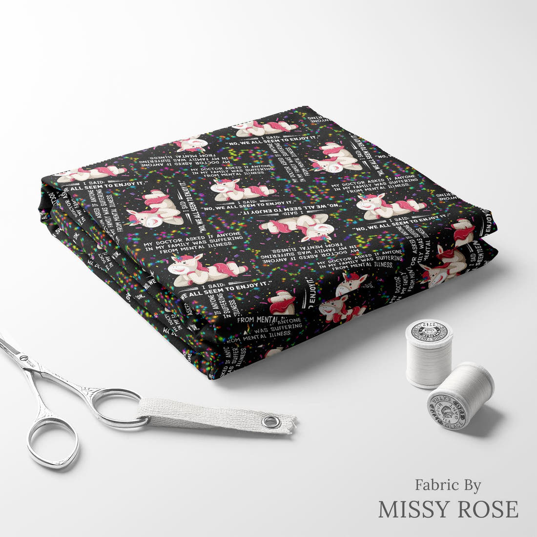 Design 868 Funny Unicorn Fabric folded fabric stack with matching thread – pre-order fabric Australia | Fabric by Missy Rose