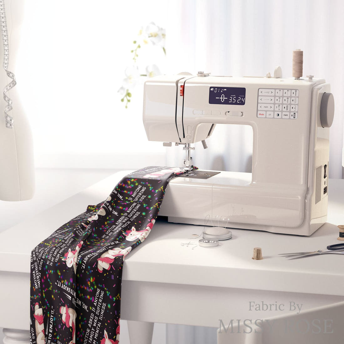 Design 868 Funny Unicorn Fabric on a sewing machine – premium fabric for sewing projects | Fabric by Missy Rose