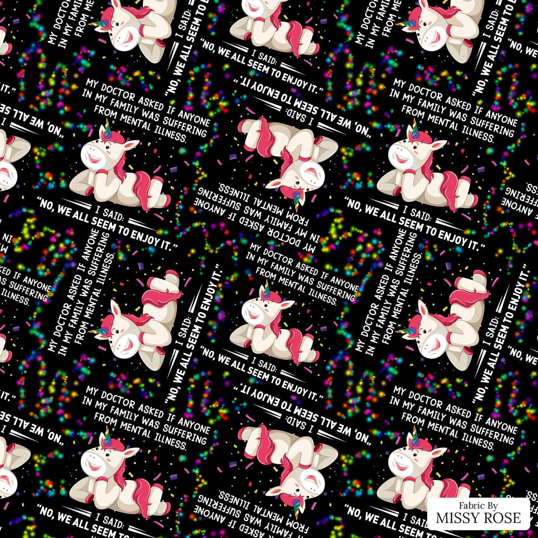 Design 868 Funny Unicorn Fabric - flat view of the print, zoom in for detail | Fabric by Missy Rose