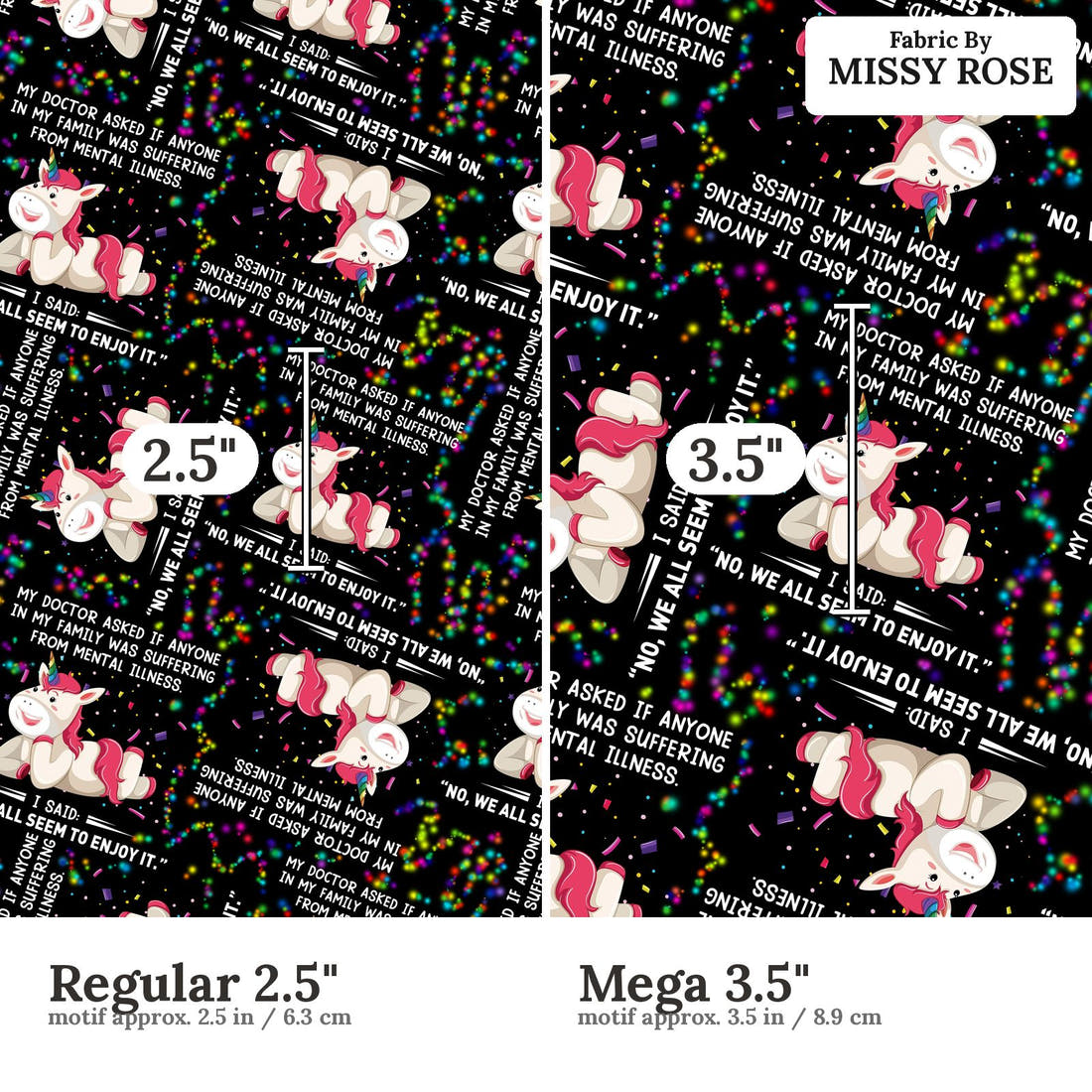Design 868 Funny Unicorn Fabric size comparison - print scale | Fabric by Missy Rose