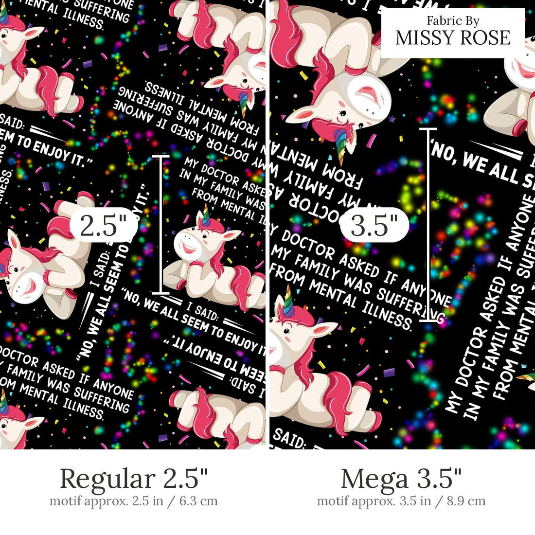 Design 868 Funny Unicorn Fabric Regular 2.5 inch vs Mega 3.5 inch print scale side by side | Fabric by Missy Rose