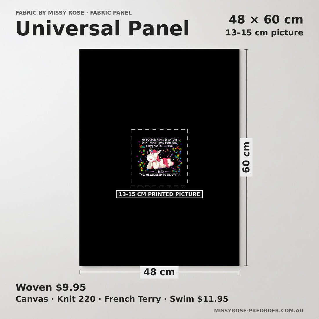Design 868 Funny Unicorn Panel universal panel sizing – 13–15 cm printed picture on 48 × 60 cm fabric | Fabric by Missy Rose