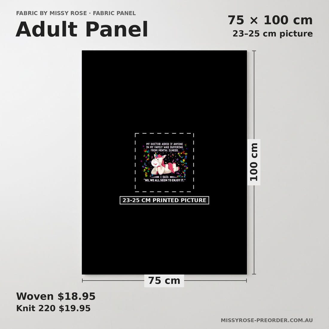 Design 868 Funny Unicorn Panel adult panel sizing – 23–25 cm printed picture on 75 × 100 cm fabric | Fabric by Missy Rose