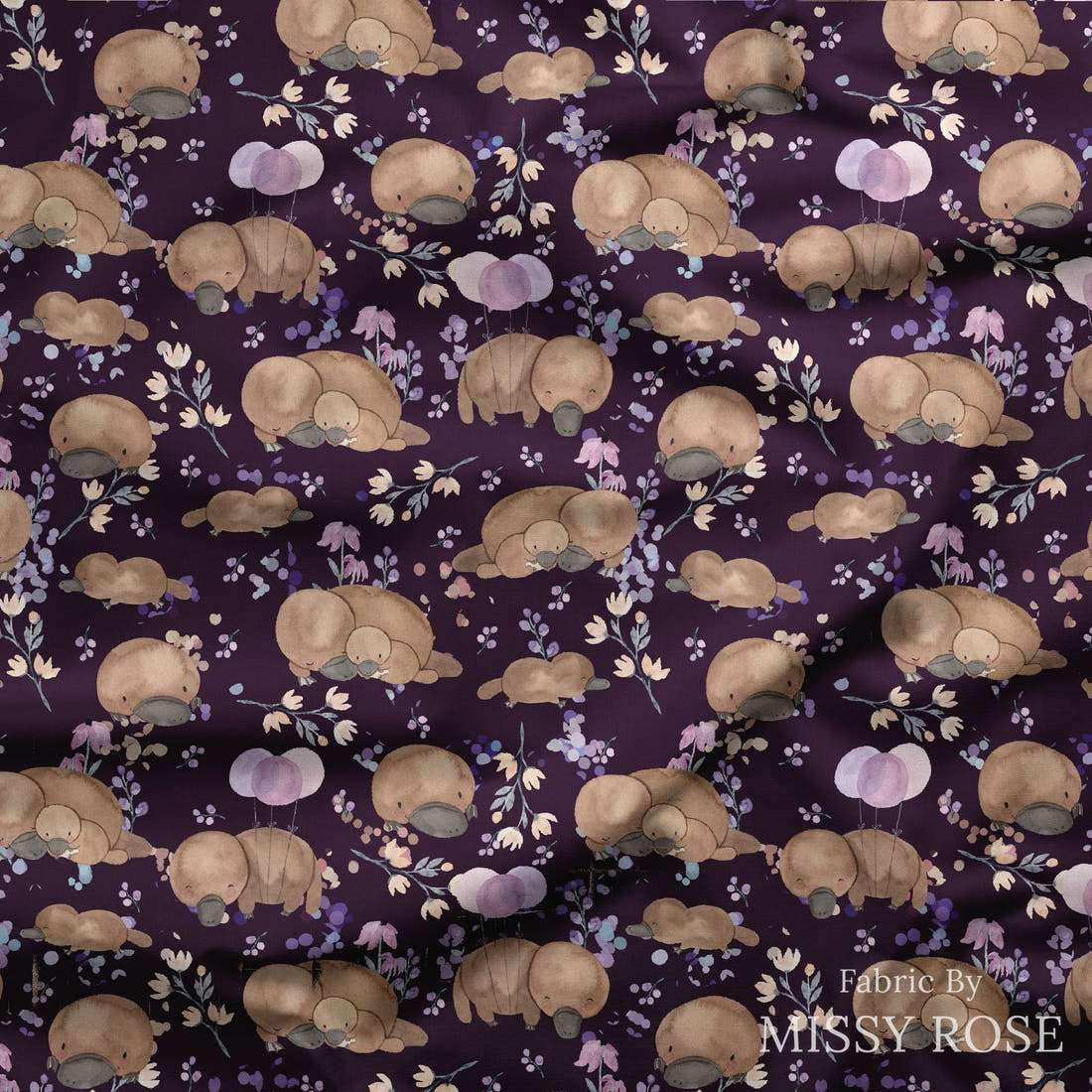 Design 869 Navy Platypus Fabric draped fabric mockup – custom printed fabric by the metre | Fabric by Missy Rose