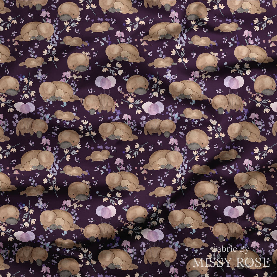 Design 869 Navy Platypus Fabric draped fabric mockup – custom printed fabric by the metre | Fabric by Missy Rose