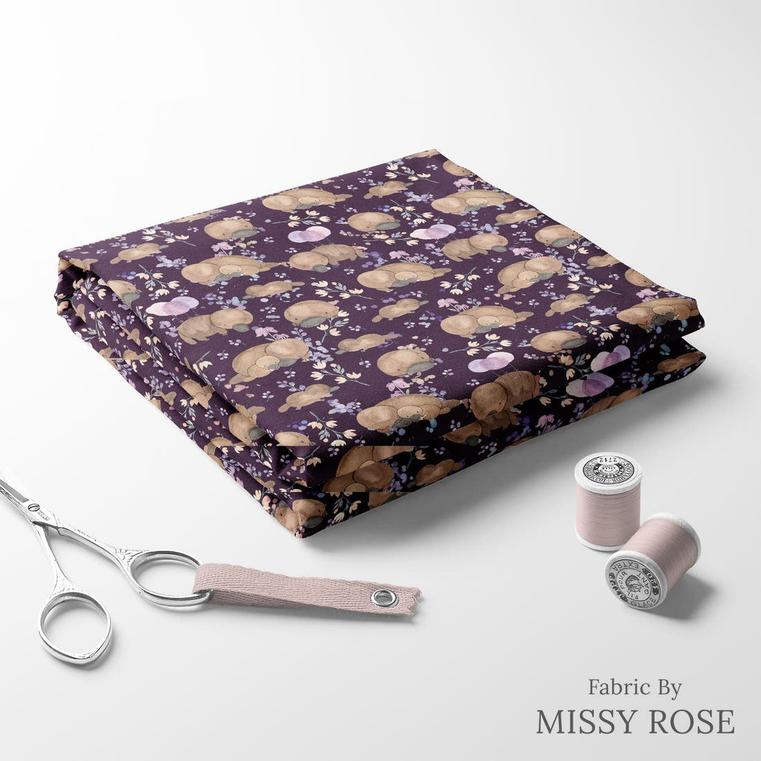 Design 869 Navy Platypus Fabric folded fabric stack with matching thread – pre-order fabric Australia | Fabric by Missy Rose