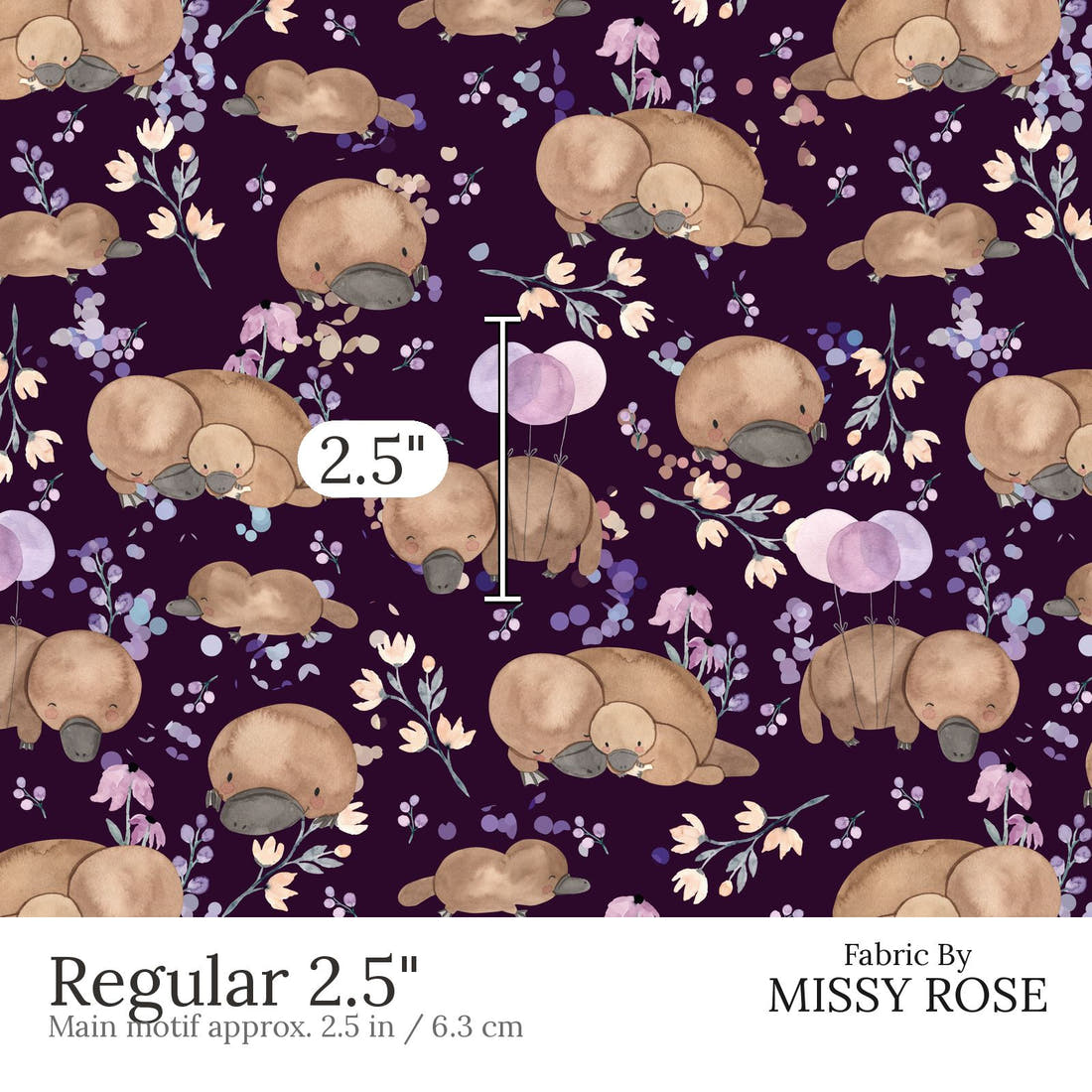 Design 869 Navy Platypus Fabric Regular 2.5 inch print scale guide | Fabric by Missy Rose