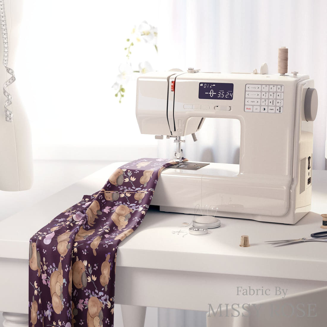 Design 869 Navy Platypus Fabric on a sewing machine – premium fabric for sewing projects | Fabric by Missy Rose