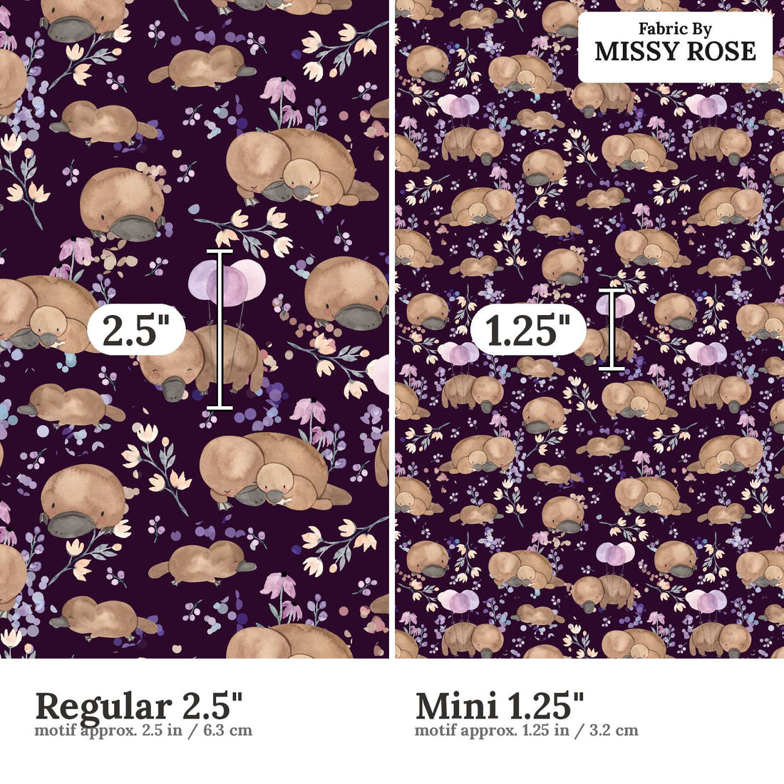 Design 869 Navy Platypus Fabric size comparison - print scale | Fabric by Missy Rose