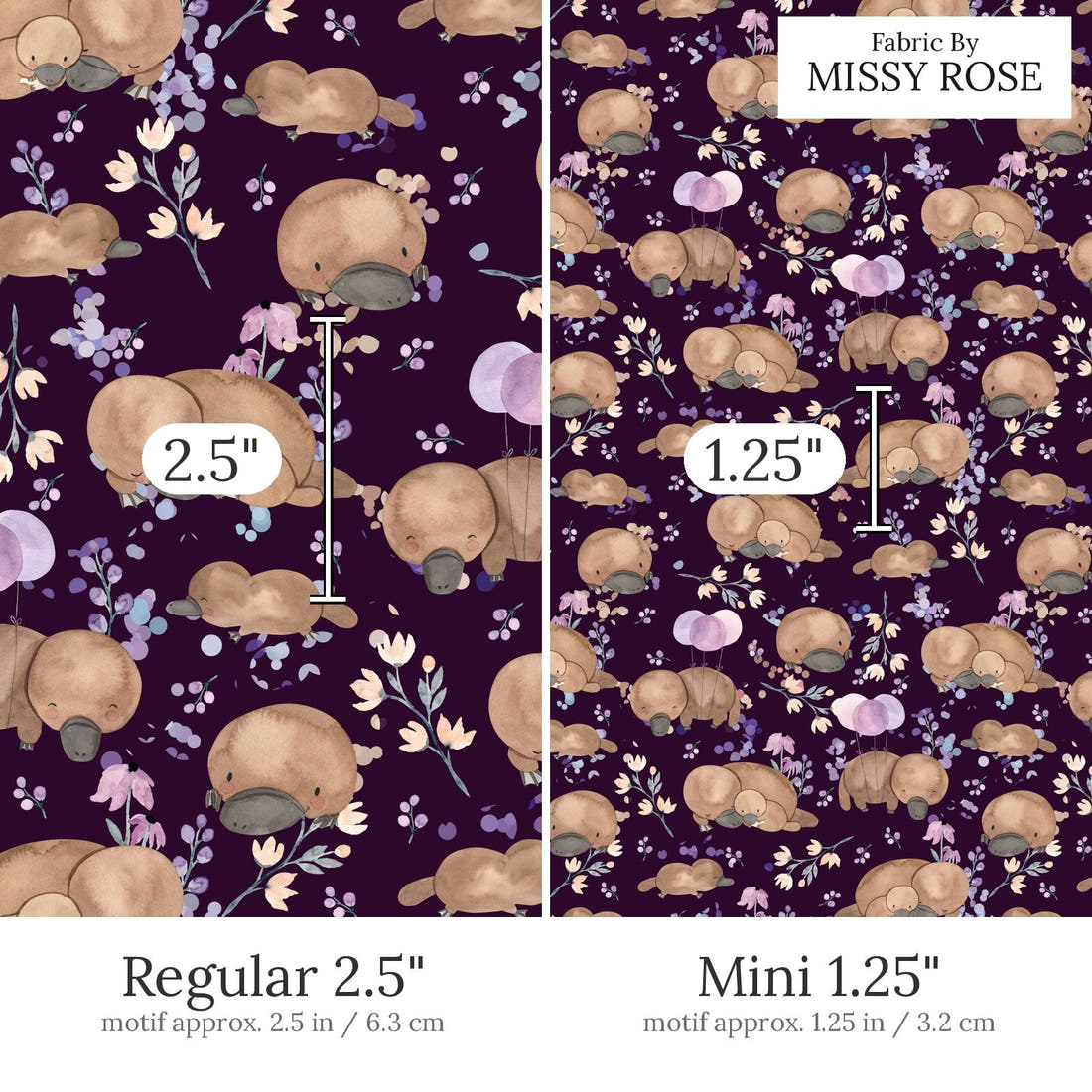 Design 869 Navy Platypus Fabric Regular 2.5 inch vs Mini 1.25 inch print scale side by side | Fabric by Missy Rose