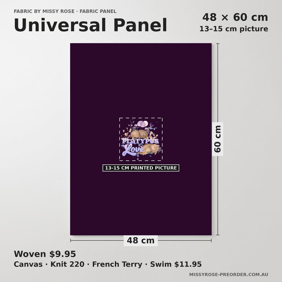 Design 869 Navy Platypus Panel universal panel sizing – 13–15 cm printed picture on 48 × 60 cm fabric | Fabric by Missy Rose
