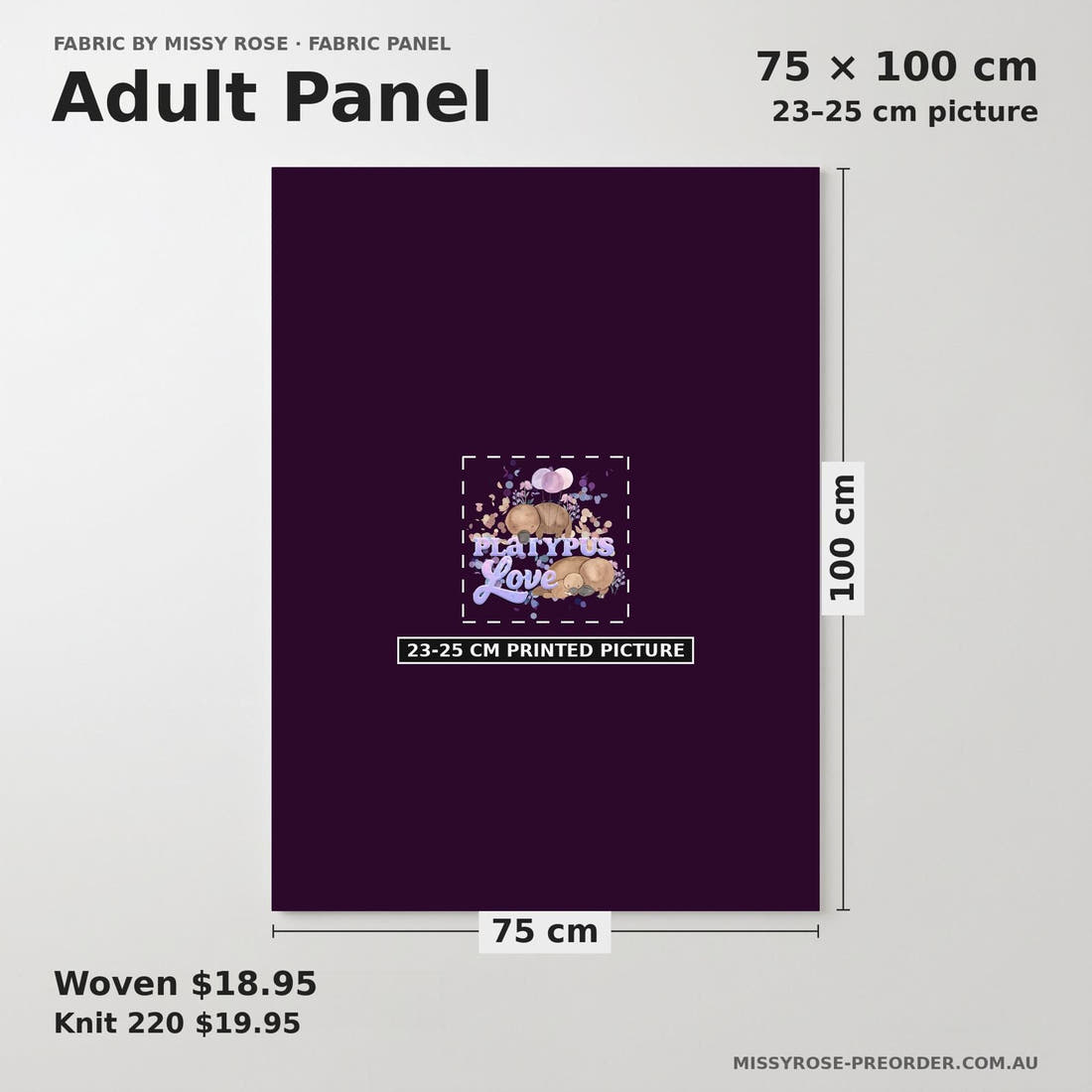 Design 869 Navy Platypus Panel adult panel sizing – 23–25 cm printed picture on 75 × 100 cm fabric | Fabric by Missy Rose