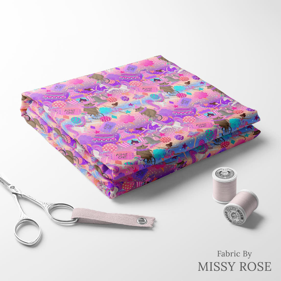 Design 87 Circus Fabric folded fabric stack with matching thread – pre-order fabric Australia | Fabric by Missy Rose