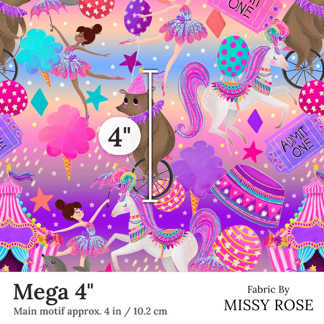 Design 87 Circus Fabric Mega 4 inch print scale guide | Fabric by Missy Rose