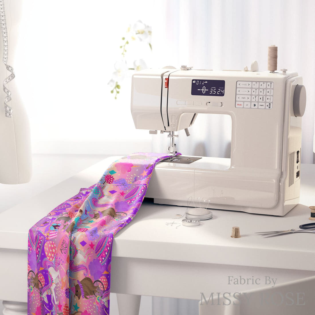Design 87 Circus Fabric on a sewing machine – premium fabric for sewing projects | Fabric by Missy Rose