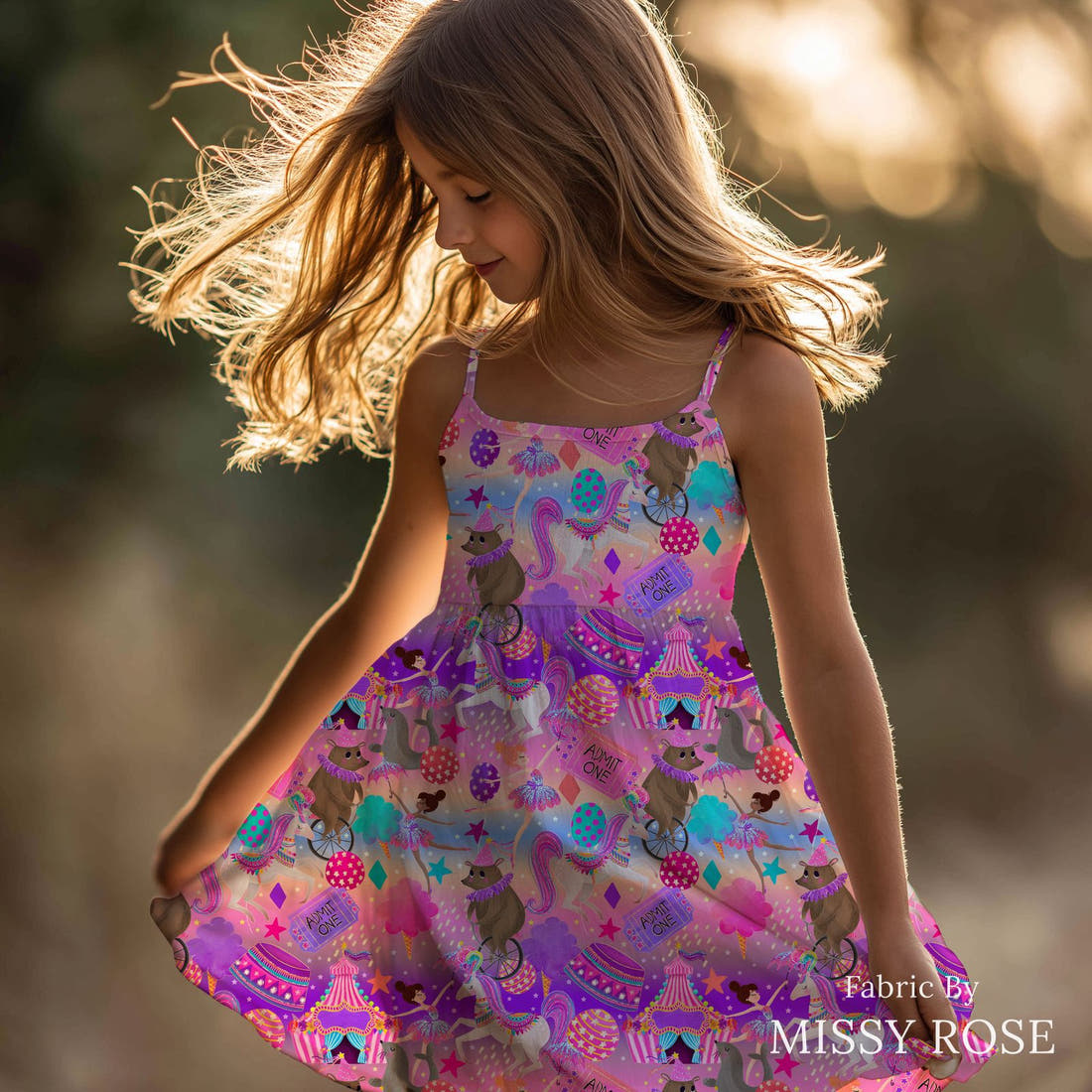 Design 87 Circus Fabric sewn into a girls' dress – see how the print looks made up | Fabric by Missy Rose