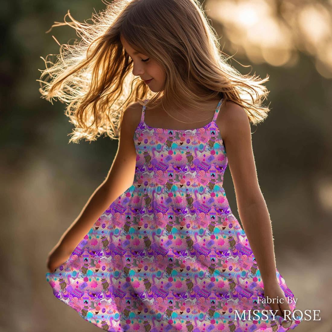Design 87 Circus Fabric sewn into a girls' dress – see how the print looks made up | Fabric by Missy Rose