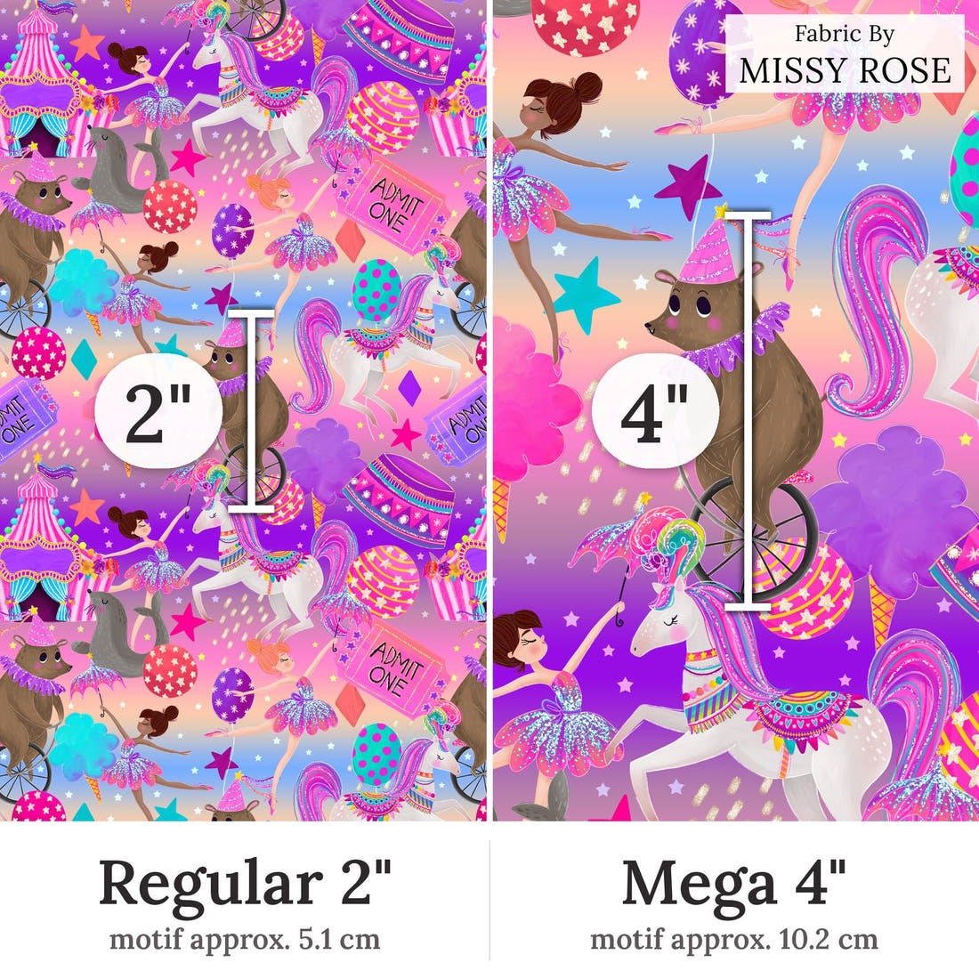 Design 87 Circus Fabric Regular 2 inch vs Mega 4 inch print scale side by side | Fabric by Missy Rose