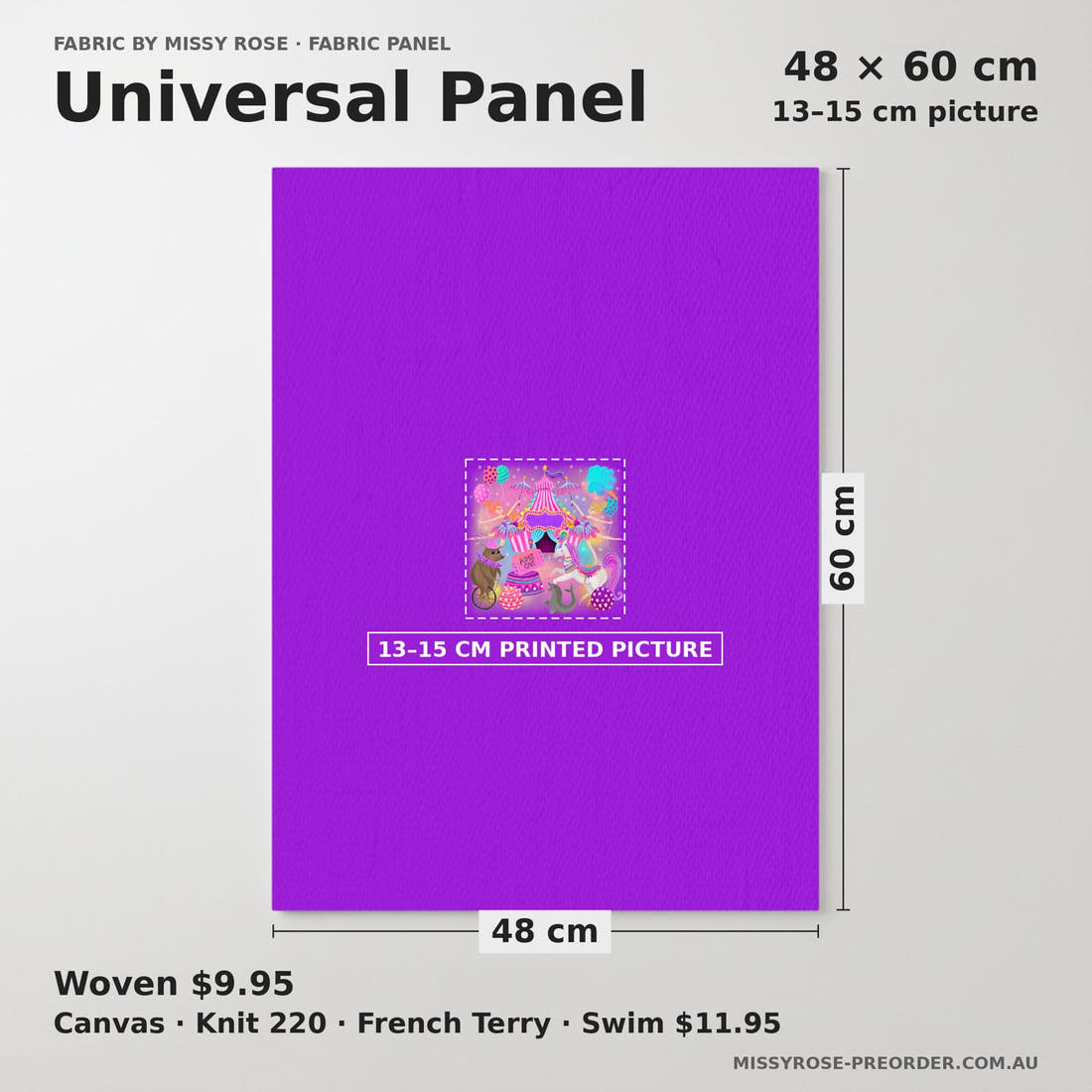 Design 87 Circus Panel universal panel sizing – 13–15 cm printed picture on 48 × 60 cm fabric | Fabric by Missy Rose