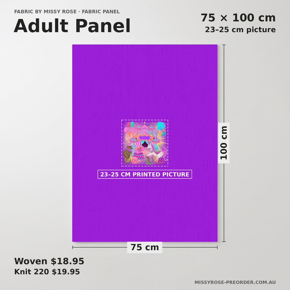 Design 87 Circus Panel adult panel sizing – 23–25 cm printed picture on 75 × 100 cm fabric | Fabric by Missy Rose