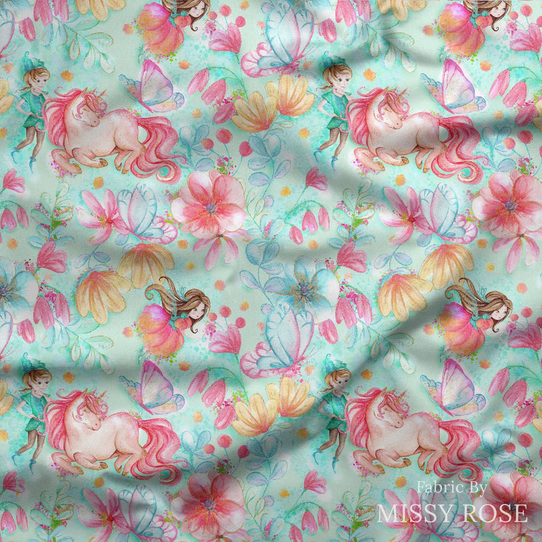 Design 870 Green Fairy Fabric draped fabric mockup – custom printed fabric by the metre | Fabric by Missy Rose