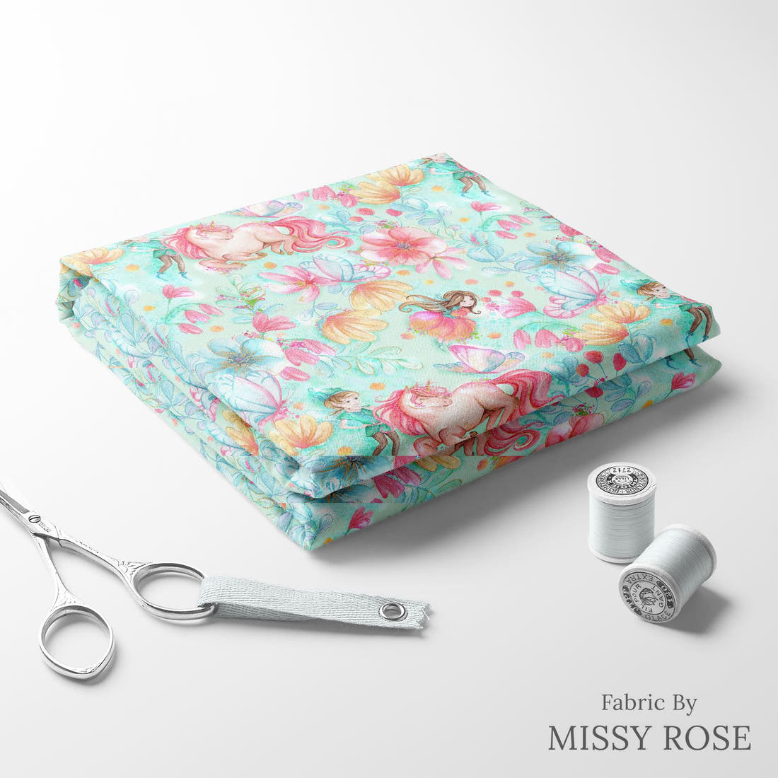 Design 870 Green Fairy Fabric folded fabric stack with matching thread – pre-order fabric Australia | Fabric by Missy Rose