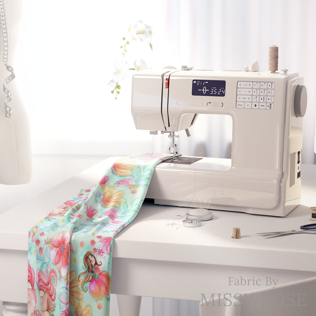 Design 870 Green Fairy Fabric on a sewing machine – premium fabric for sewing projects | Fabric by Missy Rose