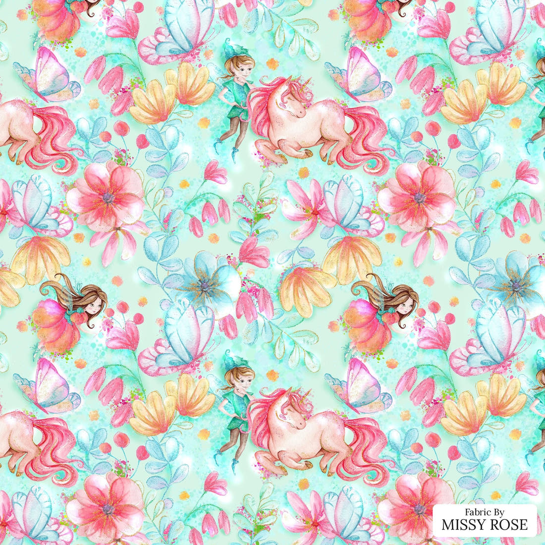 Design 870 Green Fairy Fabric - flat view of the print, zoom in for detail | Fabric by Missy Rose