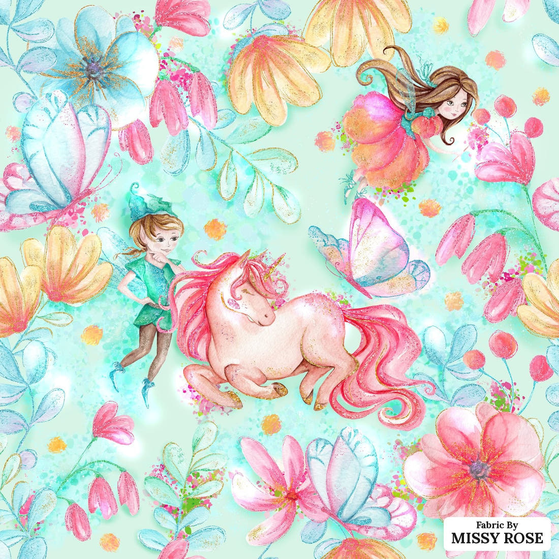 Design 870 Green Fairy Fabric - flat view of the print, zoom in for detail | Fabric by Missy Rose