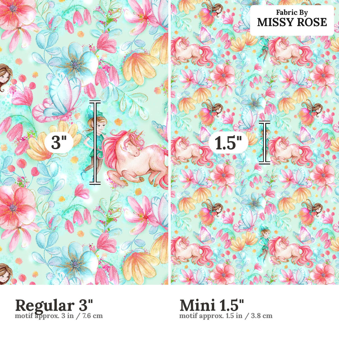 Design 870 Green Fairy Fabric size comparison - print scale | Fabric by Missy Rose