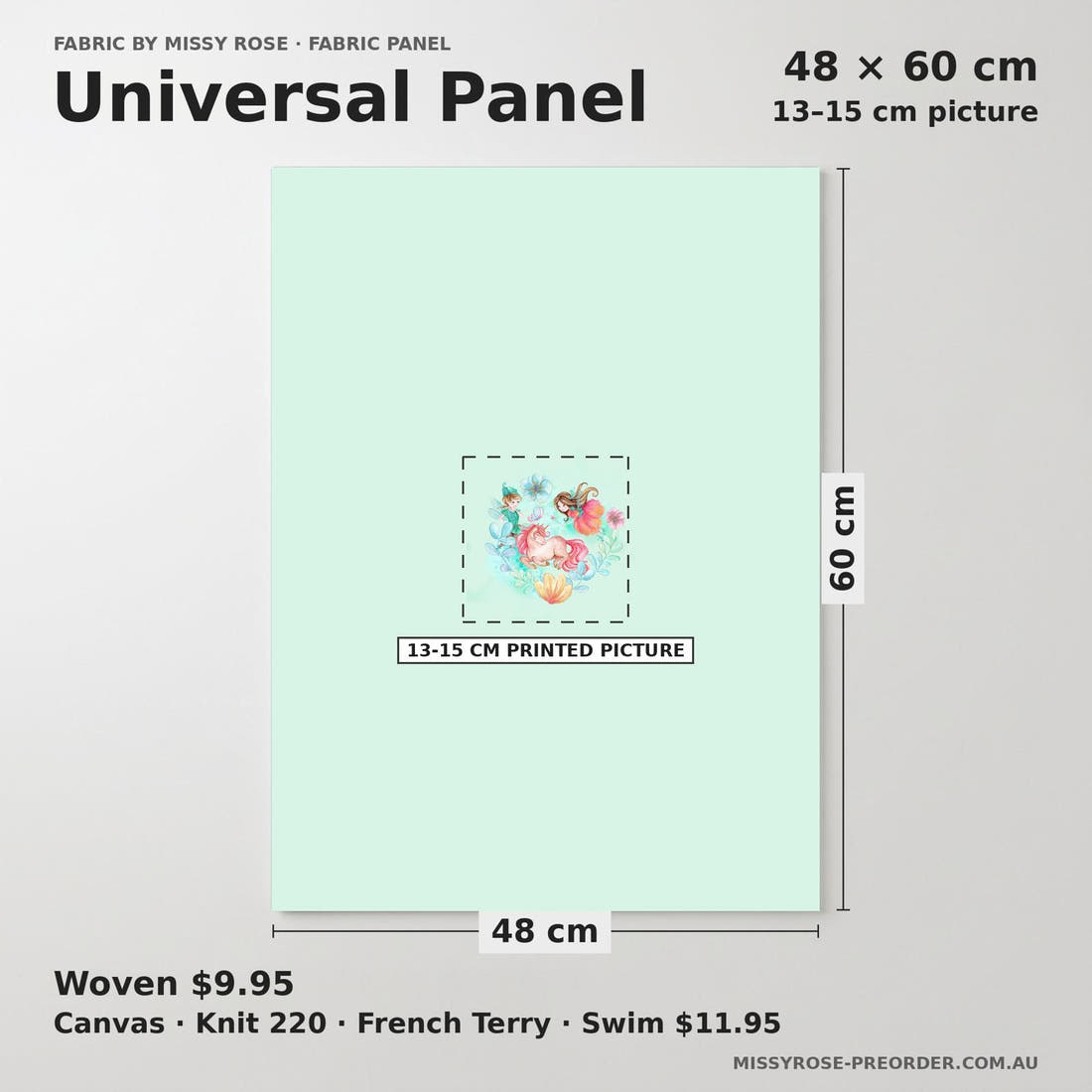 Design 870 Green Fairy Panel universal panel sizing – 13–15 cm printed picture on 48 × 60 cm fabric | Fabric by Missy Rose