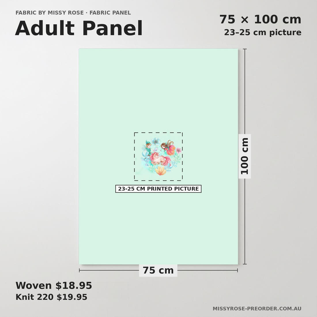 Design 870 Green Fairy Panel adult panel sizing – 23–25 cm printed picture on 75 × 100 cm fabric | Fabric by Missy Rose