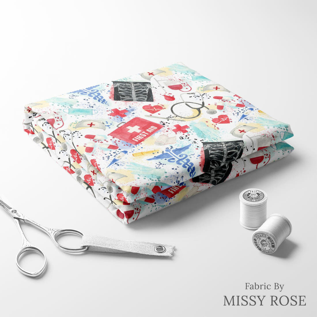 Design 871 Medical Fabric folded fabric stack with matching thread – pre-order fabric Australia | Fabric by Missy Rose