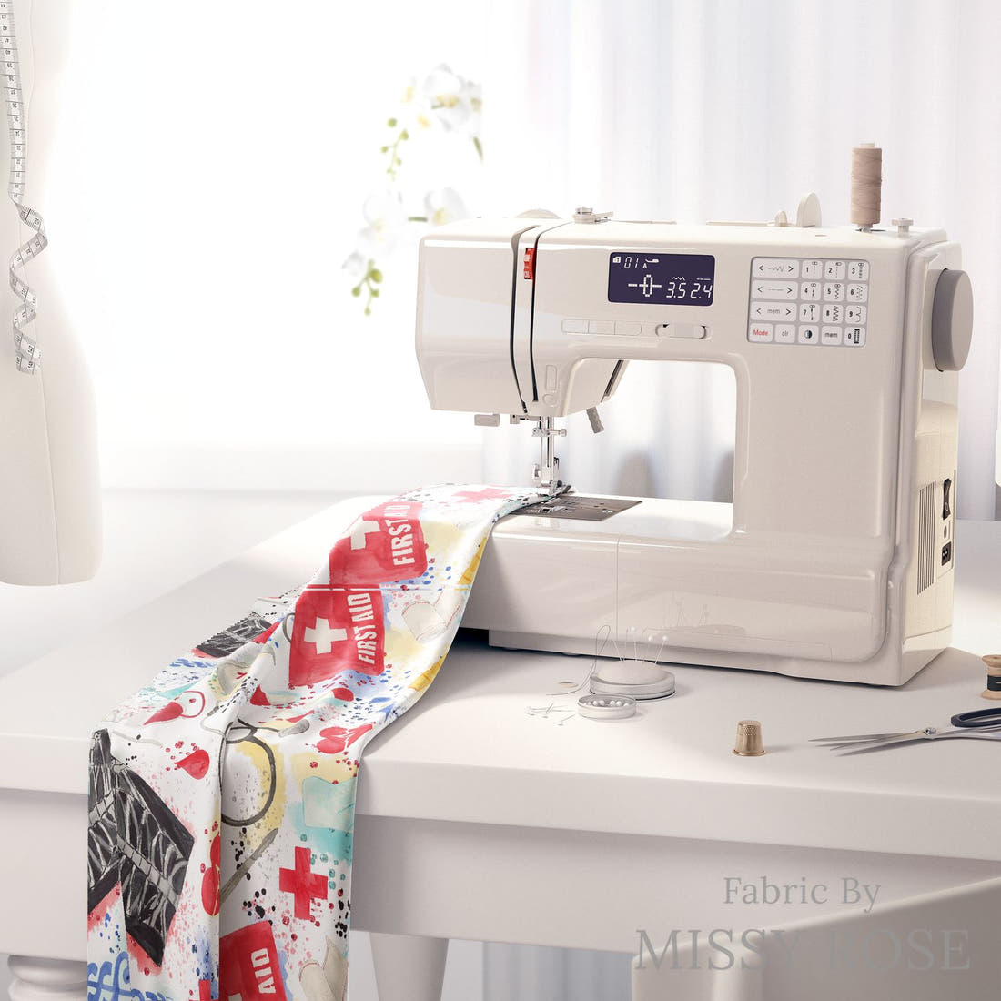 Design 871 Medical Fabric on a sewing machine – premium fabric for sewing projects | Fabric by Missy Rose