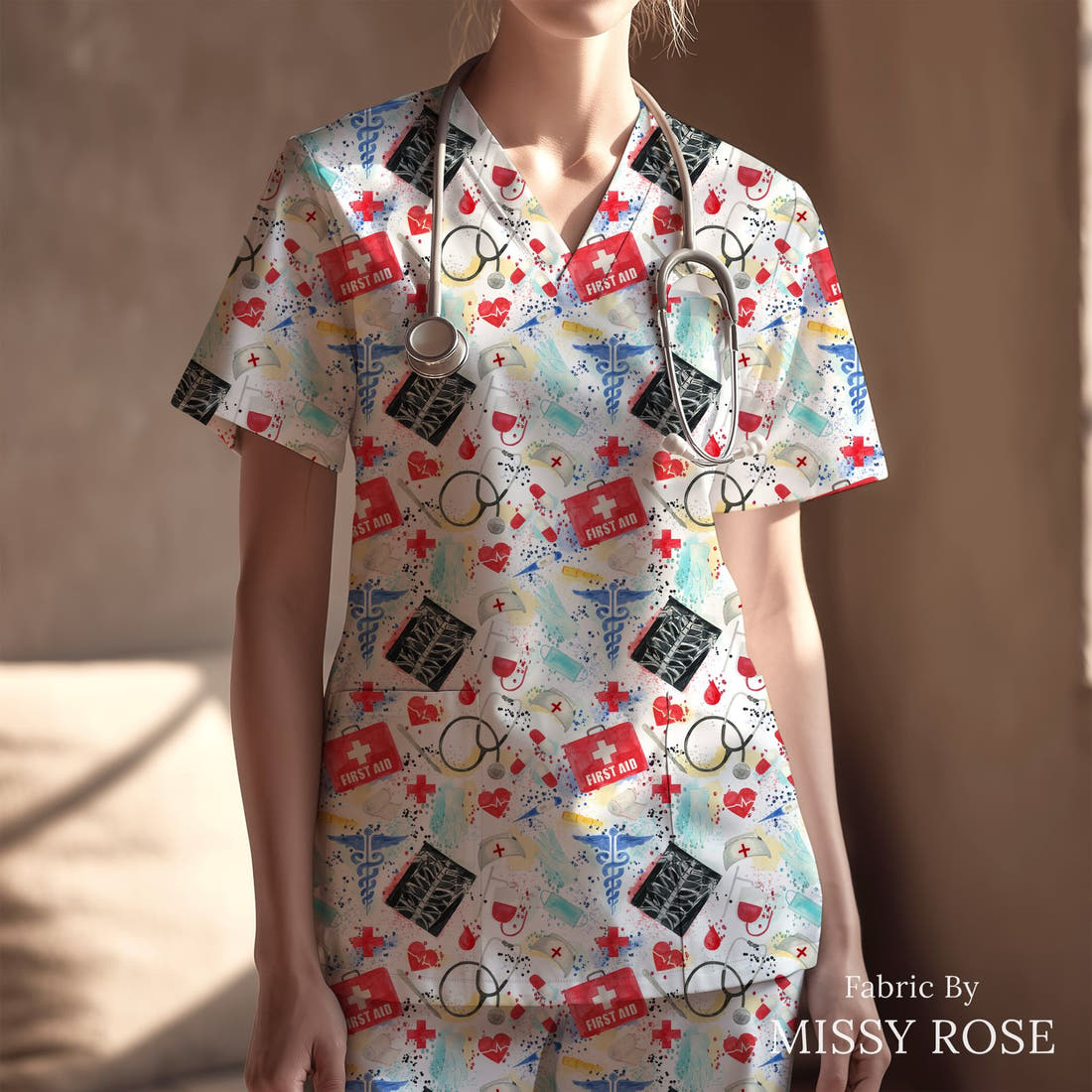 Design 871 Medical Fabric sewn into a scrubs top – see how the print looks made up | Fabric by Missy Rose