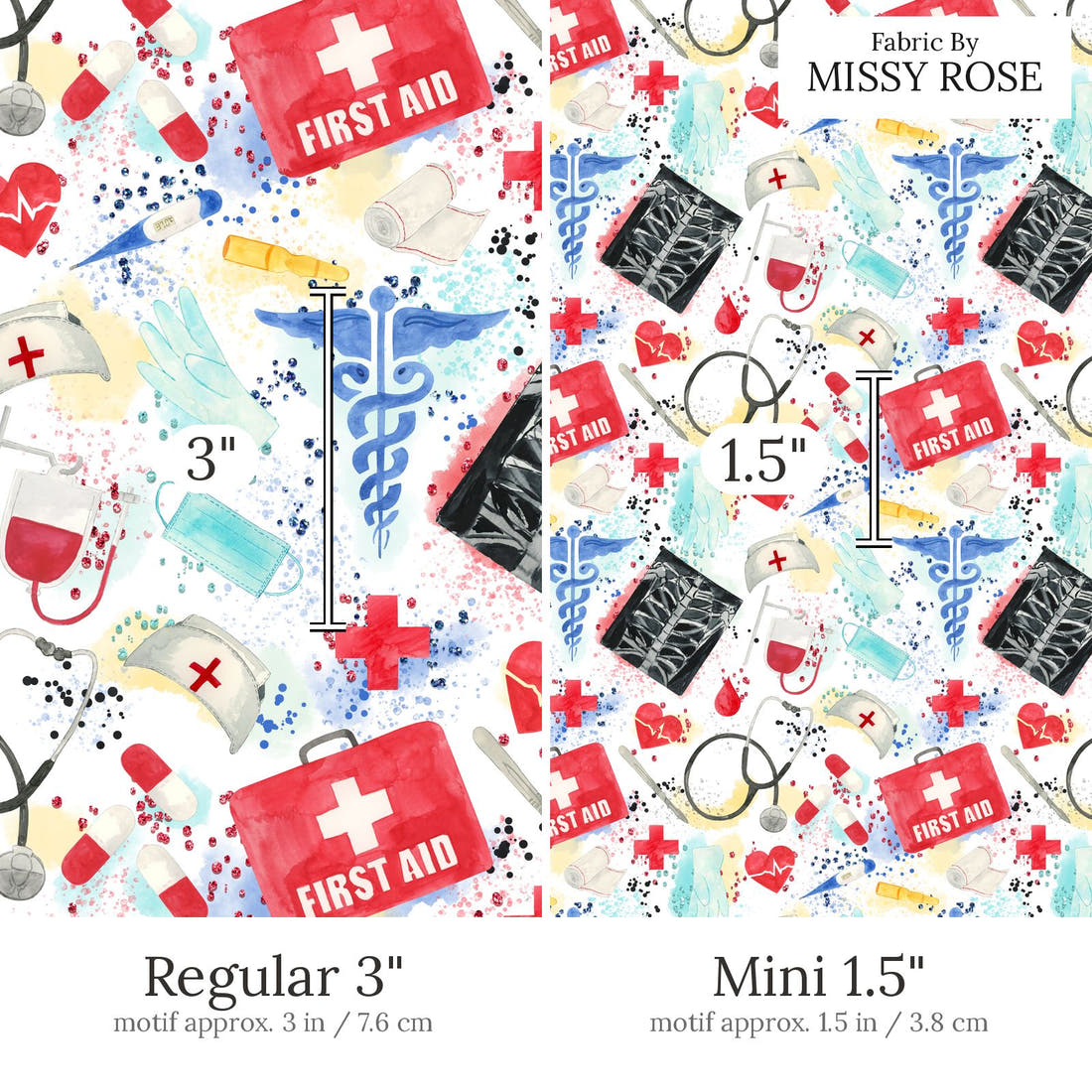 Design 871 Medical Fabric Regular 3 inch vs Mini 1.5 inch print scale side by side | Fabric by Missy Rose