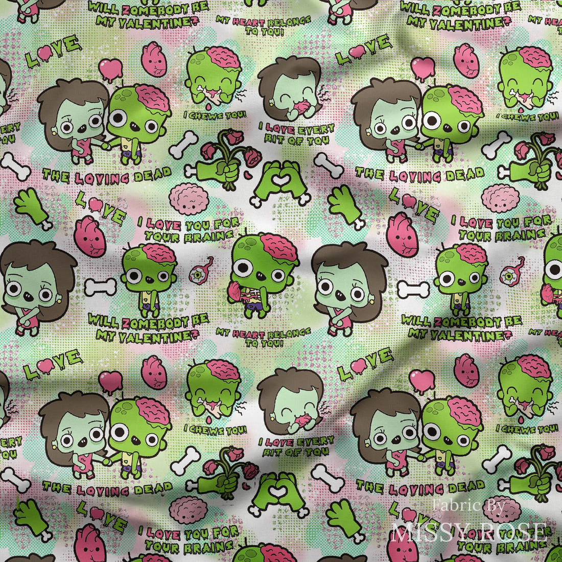 Design 872 Zombie Fabric draped fabric mockup – custom printed fabric by the metre | Fabric by Missy Rose