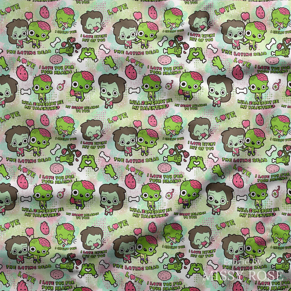 Design 872 Zombie Fabric draped fabric mockup – custom printed fabric by the metre | Fabric by Missy Rose