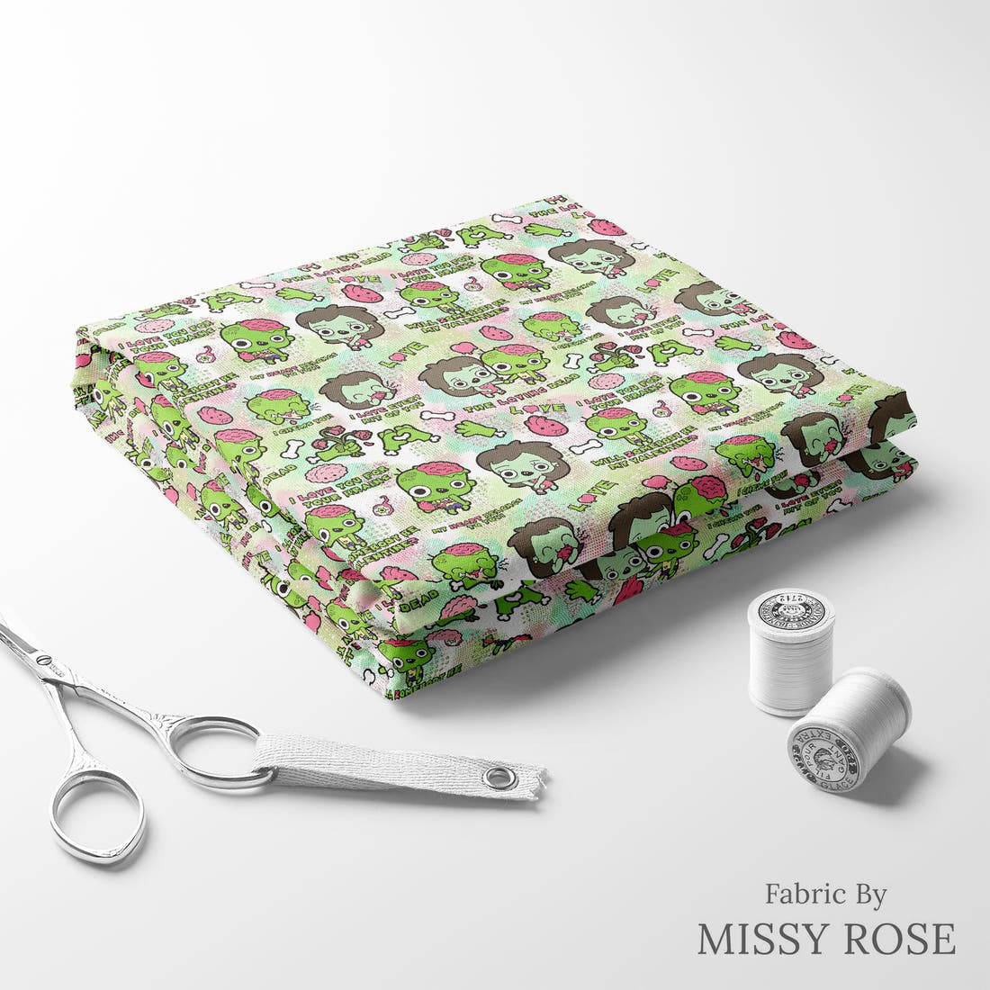 Design 872 Zombie Fabric folded fabric stack with matching thread – pre-order fabric Australia | Fabric by Missy Rose