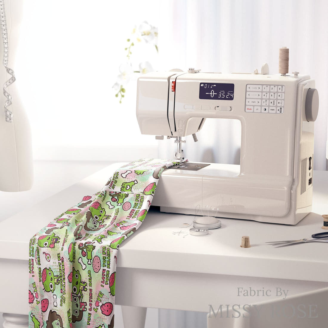 Design 872 Zombie Fabric on a sewing machine – premium fabric for sewing projects | Fabric by Missy Rose