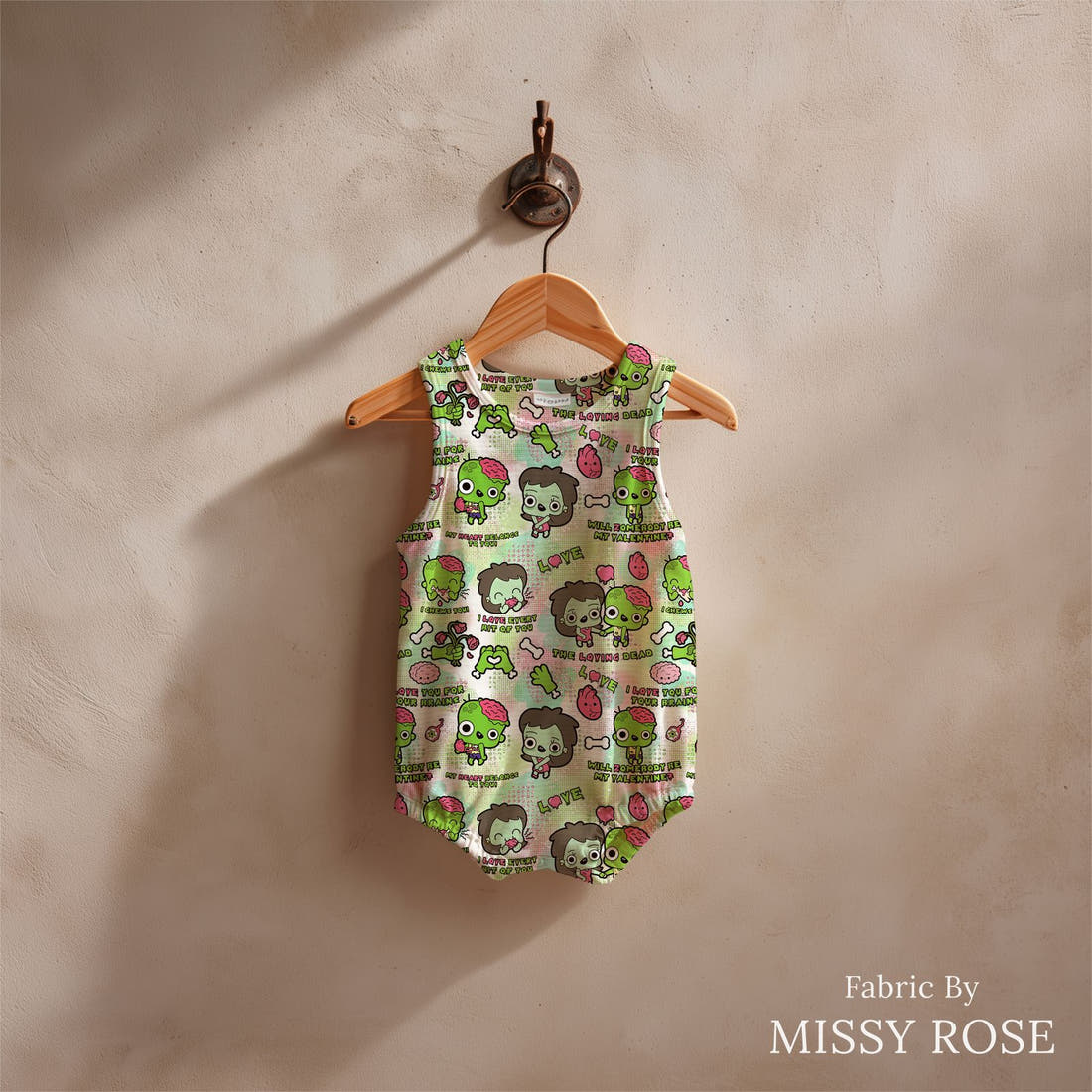 Design 872 Zombie Fabric sewn into a baby romper – see how the print looks made up | Fabric by Missy Rose