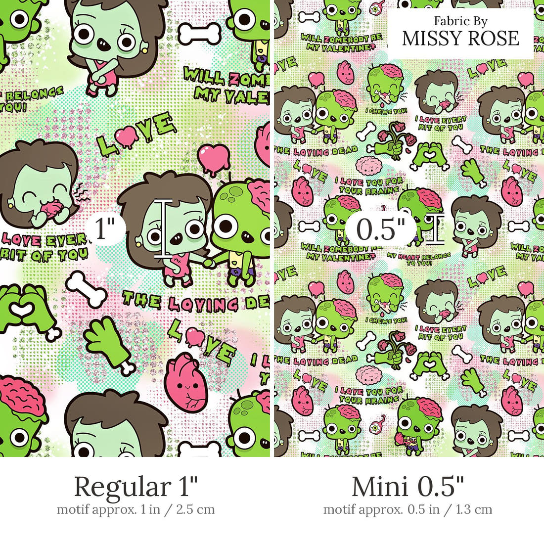 Design 872 Zombie Fabric Regular 1 inch vs Mini 0.5 inch print scale side by side | Fabric by Missy Rose