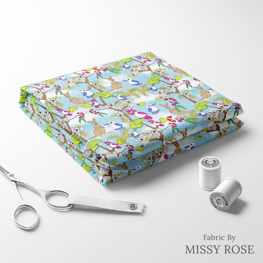 Design 873 Australian Animals Fabric folded fabric stack with matching thread – pre-order fabric Australia | Fabric by Missy Rose