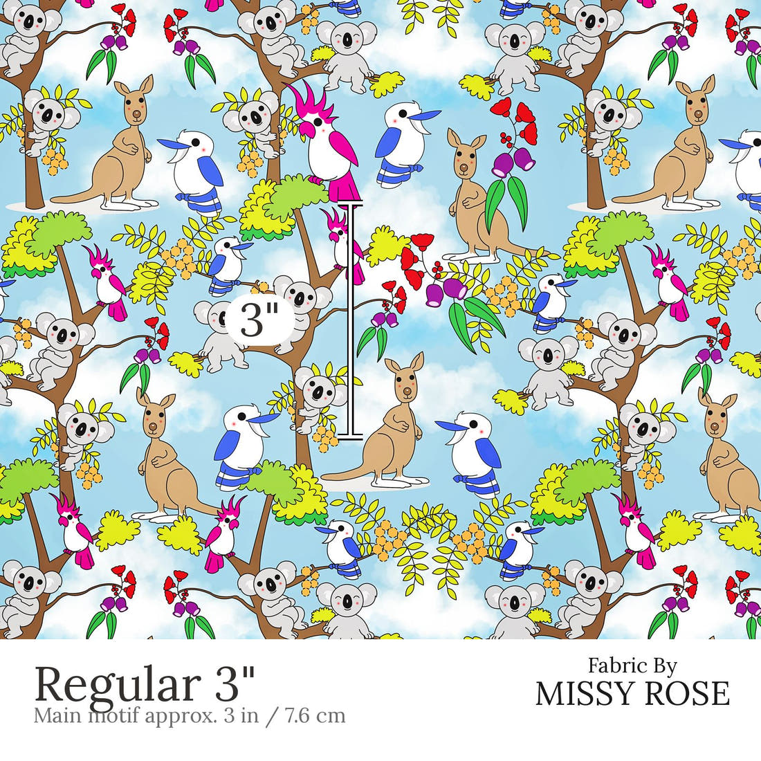 Design 873 Australian Animals Fabric Regular 3 inch print scale guide | Fabric by Missy Rose