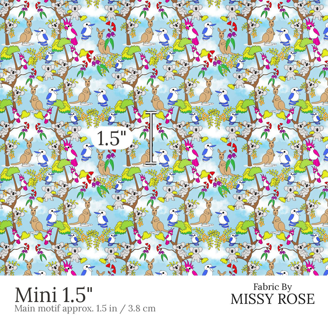 Design 873 Australian Animals Fabric Mini 1.5 inch print scale guide | Fabric by Missy Rose