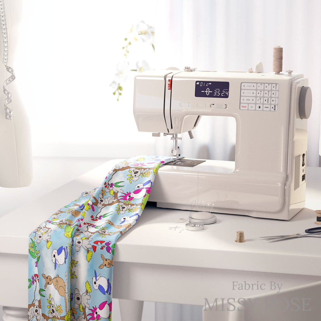 Design 873 Australian Animals Fabric on a sewing machine – premium fabric for sewing projects | Fabric by Missy Rose