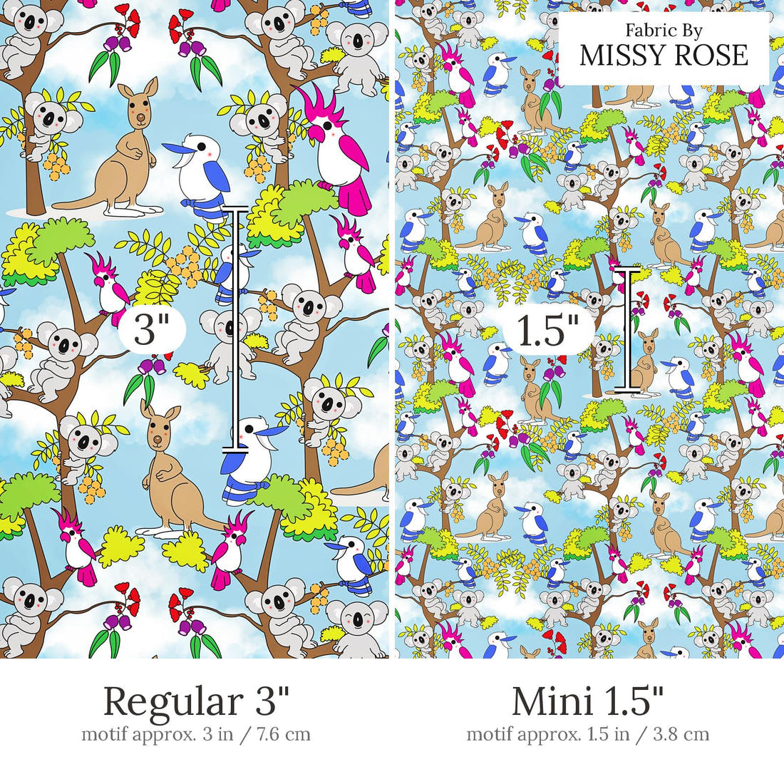 Design 873 Australian Animals Fabric Regular 3 inch vs Mini 1.5 inch print scale side by side | Fabric by Missy Rose